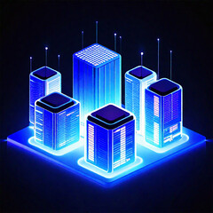 Fototapeta premium Data center isometric concept with server towers on dark background vector illustration