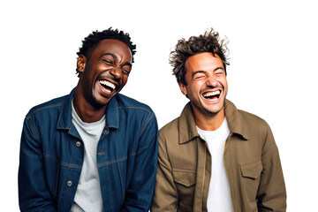 Two interracial best friends laughing and having a good time together isolated on transparent background.