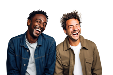 Two interracial best friends laughing and having a good time together isolated on transparent background.