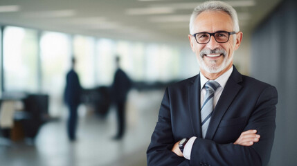 Smiling mature businessman in suit standing in office. - obrazy, fototapety, plakaty