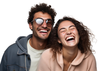 Two interracial best friends laughing and having a good time together isolated on transparent background.
