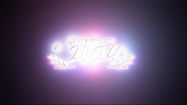 2024 Happy New year glow pink neon text light motion effect Cinematic Title with hypnotic multicolored tunnel trailer animation abstract background. 