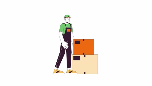 Adult asian delivery man putting down box line 2D character animation. Korean guy holding parcel flat color cartoon 4K video, alpha channel. Professional mover animated person on white background