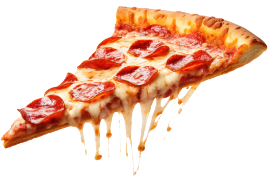 Delicious tasty slice of pepperoni pizza flying isolated on transparent background.