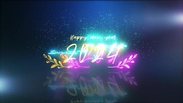 Happy New Year golden text with light motion glitch cyber punk with flare light and fireworks  cinematic title effect animation abstract backgrund.I