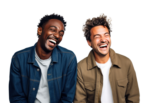 Two interracial best friends laughing and having a good time together isolated on transparent background.
