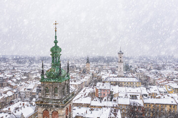 Obraz premium Panoramic view on Lviv in winter from drone