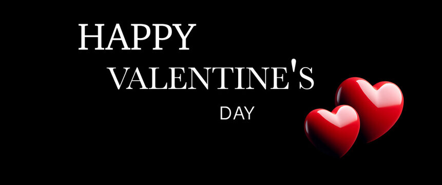 Horizontal black background illustration with two 3d red hearts  and text happy valentines day.