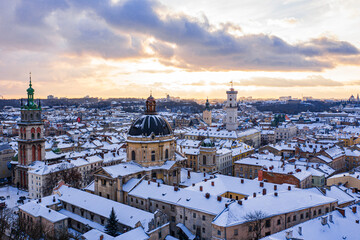 Naklejka premium Panoramic view on Lviv in winter from drone