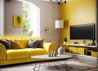Modern interior with yellow monochromatic color scheme
