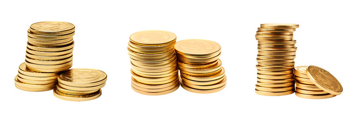 Set of gold coins. Stack of gold coins. Pile of gold coins. Transparent backround. White background