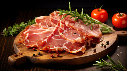 Jamon sliced on a wooden board with tomatoes