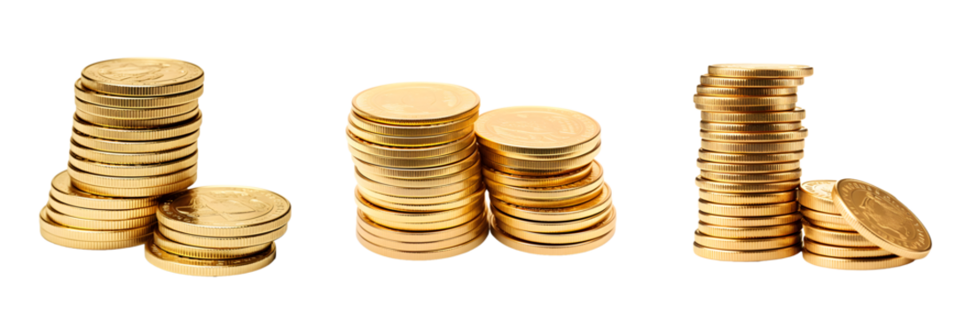 Set of gold coins. Stack of gold coins. Pile of gold coins. Transparent backround. White background