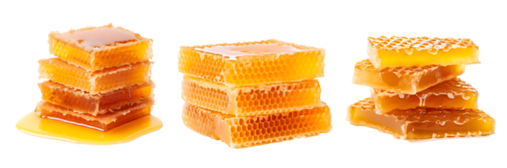 Honeycomb set isolated on transparent background. Honeycomb with honey drop on white background. Closeup honeycomb transparent background