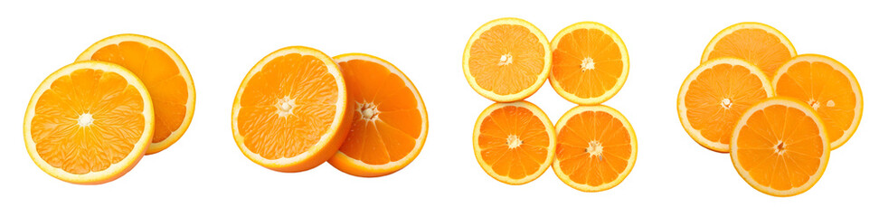 Slice of oranges fruit. Fresh orange isolated on transparent background. Orange fruit with cut in...