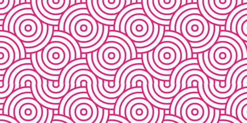 Seamless pink pattern with circles fabric curl backdrop. Seamless overlapping pattern with waves pattern with waves and pink geometric retro background.