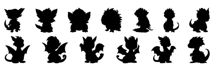 Monster silhouettes set, large pack of vector silhouette design, isolated white background