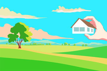 Illustration of beautiful summer fields landscape with a dawn, green hills and blue sky. Countryside background in flat cartoon style banner. Hand holding minimalistic house.