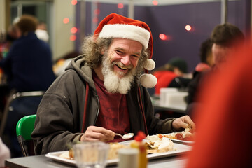 A homeless person enjoying a meal in a charity food bank kitchen during the christmas holidays - obrazy, fototapety, plakaty