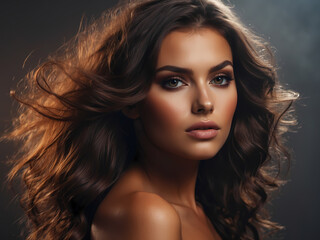 Naklejka premium Fashion style, manicure, cosmetics and make-up. Dark lips makeup & nails polish. Close-up portrait of female model with brown lipstick, black fingernails and clean skin. Shiny slicked back hairstyle