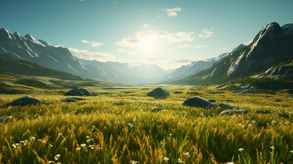 meadow in the mountains - obrazy, fototapety, plakaty
