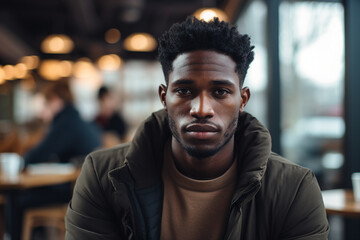 Fototapeta premium Generative AI portrait of confident city citizen person enjoying weekend time drinking coffee in modern cafe