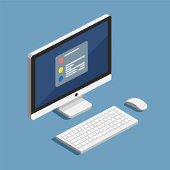 Desktop PC isometric illustration. Vector graphic. Electronic device. Desktop personal computer with working screen and operating system icons