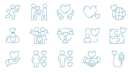 Hand drawn charity love line icon set. Charity love doodle icon collections.