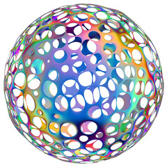 Iridescent geometric 3D shape isolated on a transparent background. Trendy abstract holographic design element.