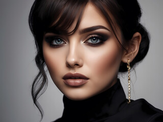 Fashion style, manicure, cosmetics and make-up. Dark lips makeup & nails polish. Close-up portrait of female model with brown lipstick, black fingernails and clean skin. Shiny slicked back hairstyle