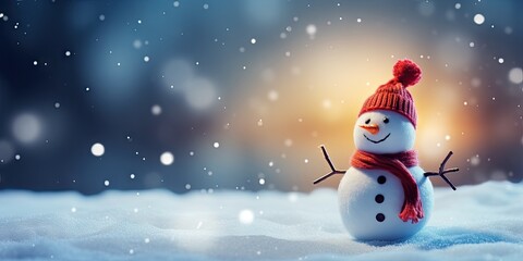 Naklejka na ściany i meble Building joy with frosty friend. Snowy delight. Celebrating season with merry snowman and snow. Frosty greetings. Charming in winter tale on christmas