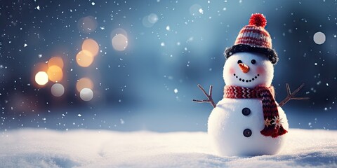 Building joy with frosty friend. Snowy delight. Celebrating season with merry snowman and snow. Frosty greetings. Charming in winter tale on christmas - obrazy, fototapety, plakaty