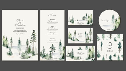 Set of Templates for Wedding Decoration in Forest Style. Forest Background, Spruces, Pines Painted in Watercolor. Invitations, Menus, Thank You Cards, Tags, Stickers, Table Numbers. Vector