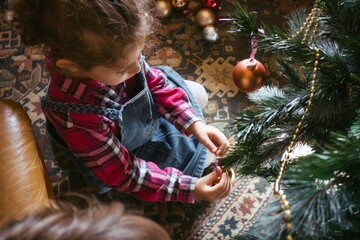 A cute little white Caucasian girl viewed from above decorating a Christmas tree with decorative...