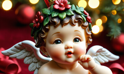 Christmas hanging ornament in the shape of a baby angel wearing a colorful wreath.