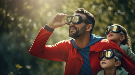 A dad in a superhero costume,  using his super vision to spot hidden treasures with his kids - obrazy, fototapety, plakaty