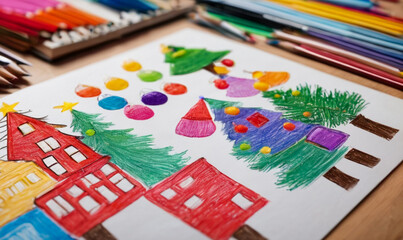 A child's drawing of a Christmas tree with colored pencils.