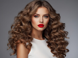 Hair, healthy long hair, hairstyle, make up. Beautiful woman with long hair, blue eyes and red lips