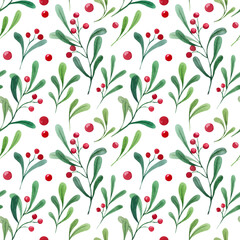 Watercolor seamless pattern with Christmas branches and berries. Illustration with lingonberries, cranberries and green leaves.Print for the design of wrapping paper, wallpaper, textiles, for clip art