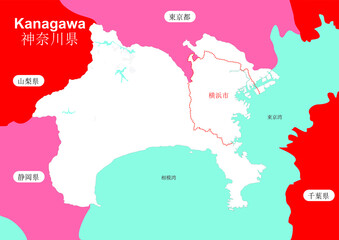 White map of Kanagawa Prefecture with red background and prefectural capital Yokohama