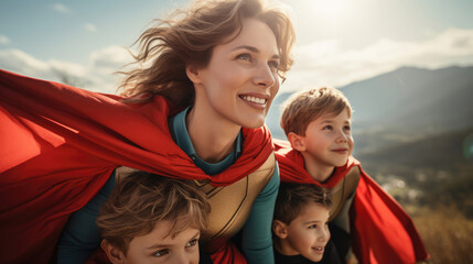 A mother and her children in hero attire,  striking dynamic poses - Powered by Adobe