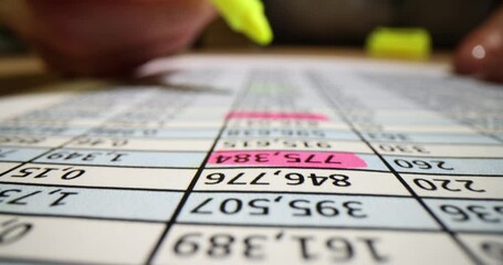 Closeup of hands highlighting numbers with marker on financial report