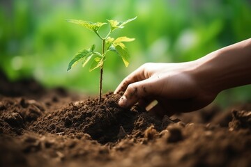hand planting a young tree in fertile soil