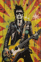 Punk Rockstar playing guitar. Poster design of guitarist on stage. Wall art. Ai Generative