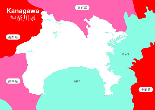 White map of Kanagawa Prefecture with red degradation color background and prefectural capital Yokohama