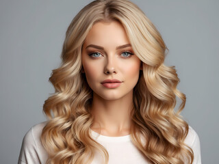 Fototapeta premium Hair, healthy long hair, hairstyle, make up. Beautiful woman with long hair, blue eyes and red lips