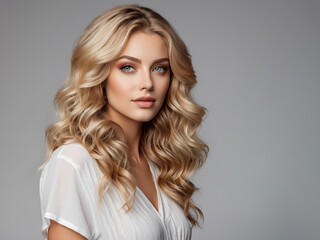 Naklejka premium Hair, healthy long hair, hairstyle, make up. Beautiful woman with long hair, blue eyes and red lips