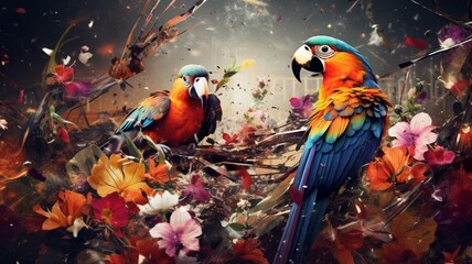 Two birds are sitting on a branch of a colorful flower in many plants Ai generated art