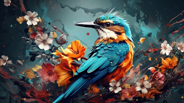 Two birds are sitting on a branch of a colorful flower in many plants Ai generated art