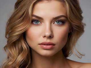 Fototapeta premium Hair, healthy long hair, hairstyle, make up. Beautiful woman with long hair, blue eyes and red lips